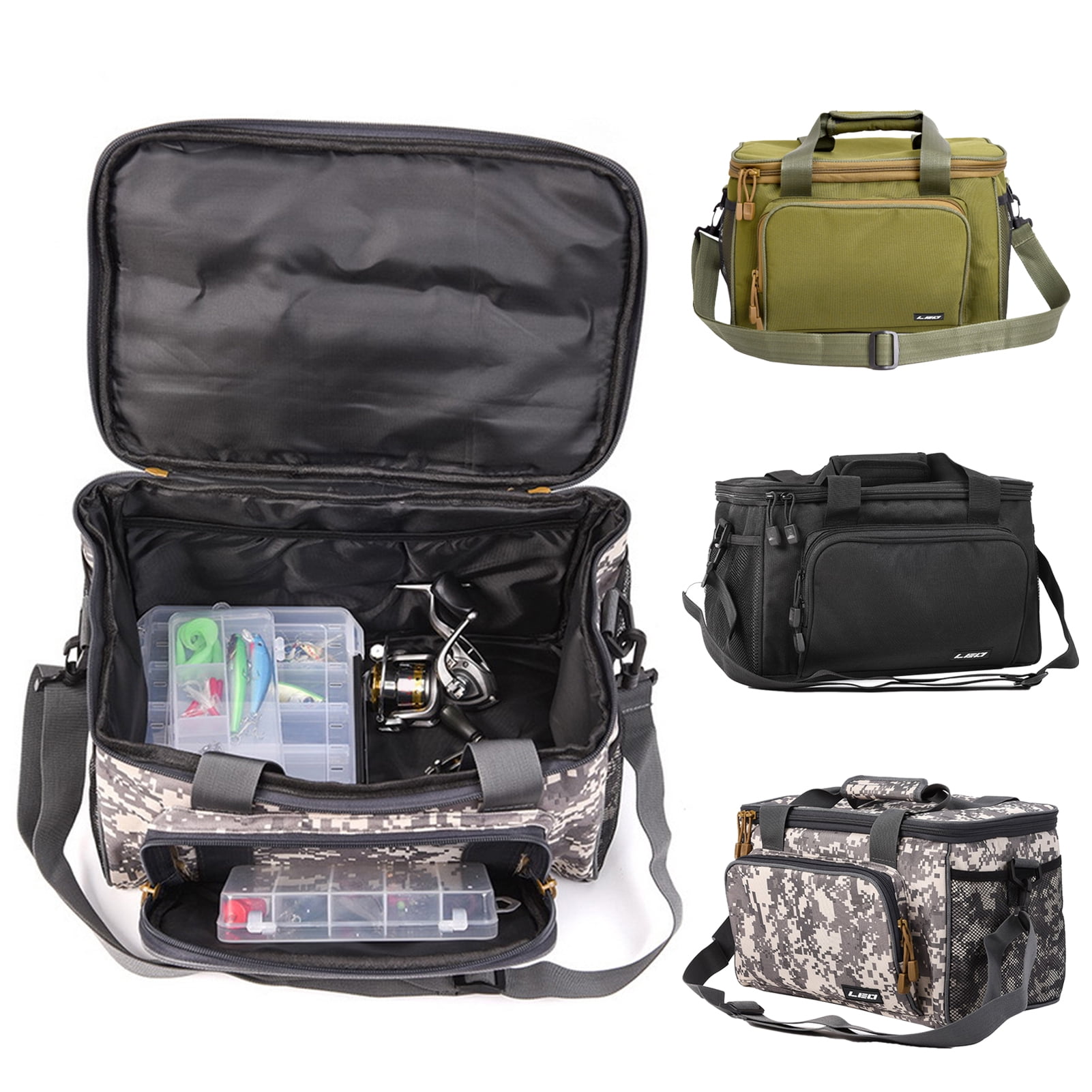 Fishing Tackle Bag Square Multi-pocket Smooth Zipper Adjustable Shoulder Strap Portable Large Capacity 600D Canvas Fishing Gear Hard Lure Storage Bag for Outdoor