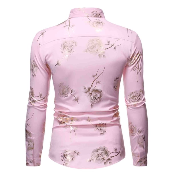 Hombres Nightclub Shiny Golden 3D Rose Impreso Slim Fit Button Down Party Dress Shirt Pompotops oipoqjl26249