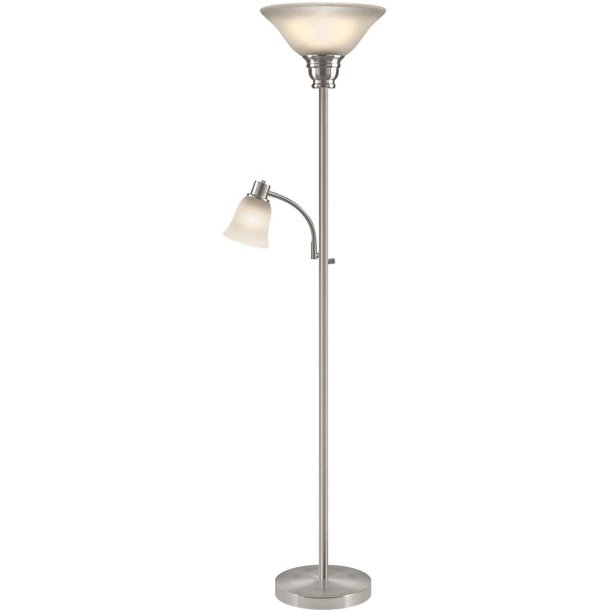 Ronald Torchiere Floor Lamp With Reading Light Silver Metal Standing Mother Daughter Torch Lamps Frosted Glass Shade For Living Room Bedroom Nickel Plated Finish Com Ronald Torchiere Floor Lamp With, Silver Torchiere Floor Lamp