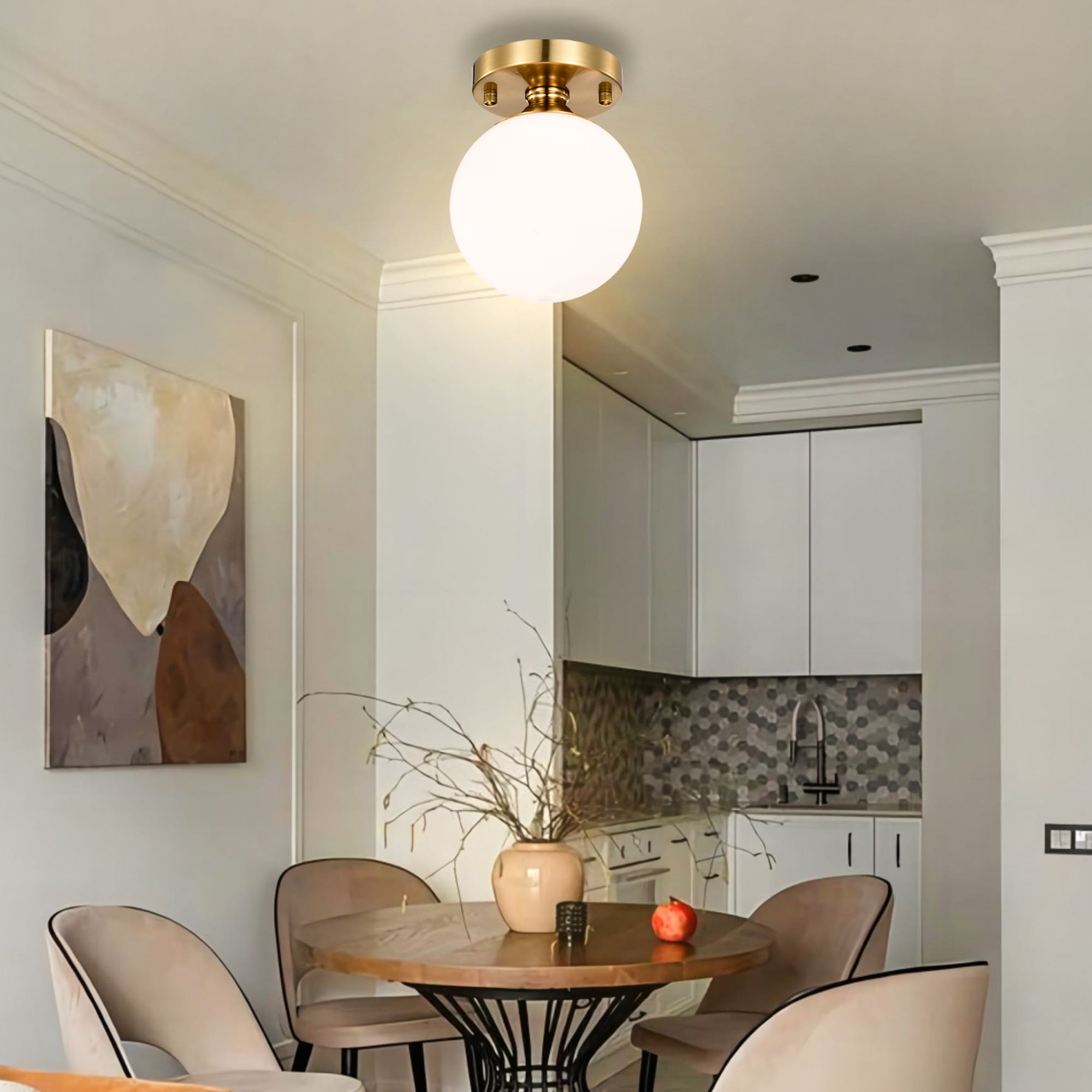 Semi Flush Mount Ceiling Light, Modern Gold Ceiling Light Fixture with 5.9" Opal Glass Globe Shade for Hallway Entryway Kitchen Bedroom
