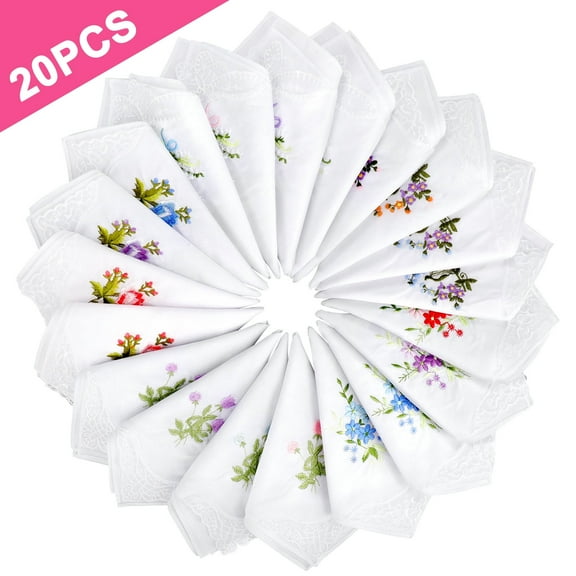 20pcs Vintage Floral Handkerchiefs, Women's Cotton Handkies, Flower Embroidered Design for Ladies, Rondom Colors (11x11in)