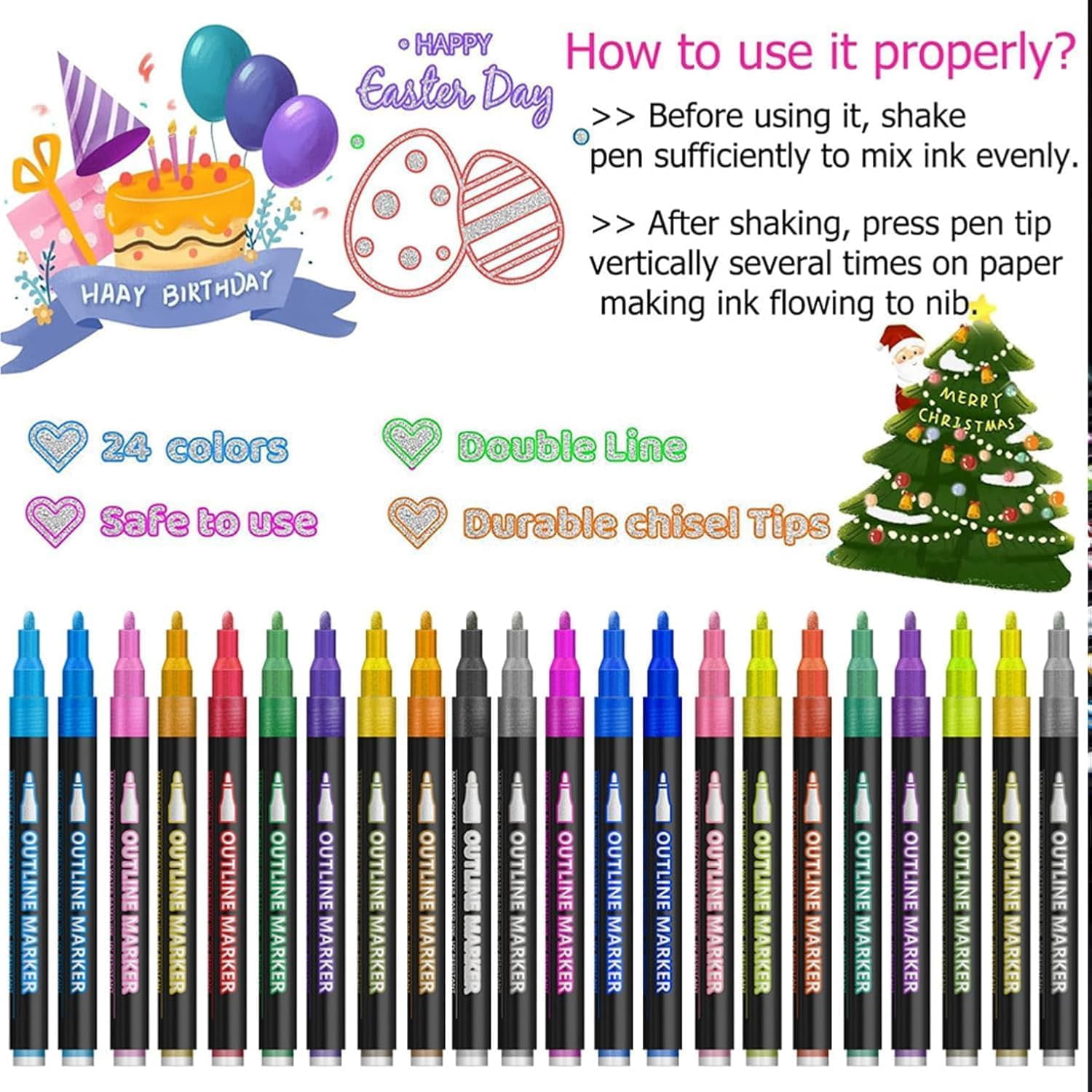 Dreamy Sparkle Dual-Line Contour Pen Set,Metallic Outline Marker with 0.08-0.12in Precision Tip,Fast-Drying Non-Toxic Ink for Art,Cards & DIY Crafts,Easy to Use