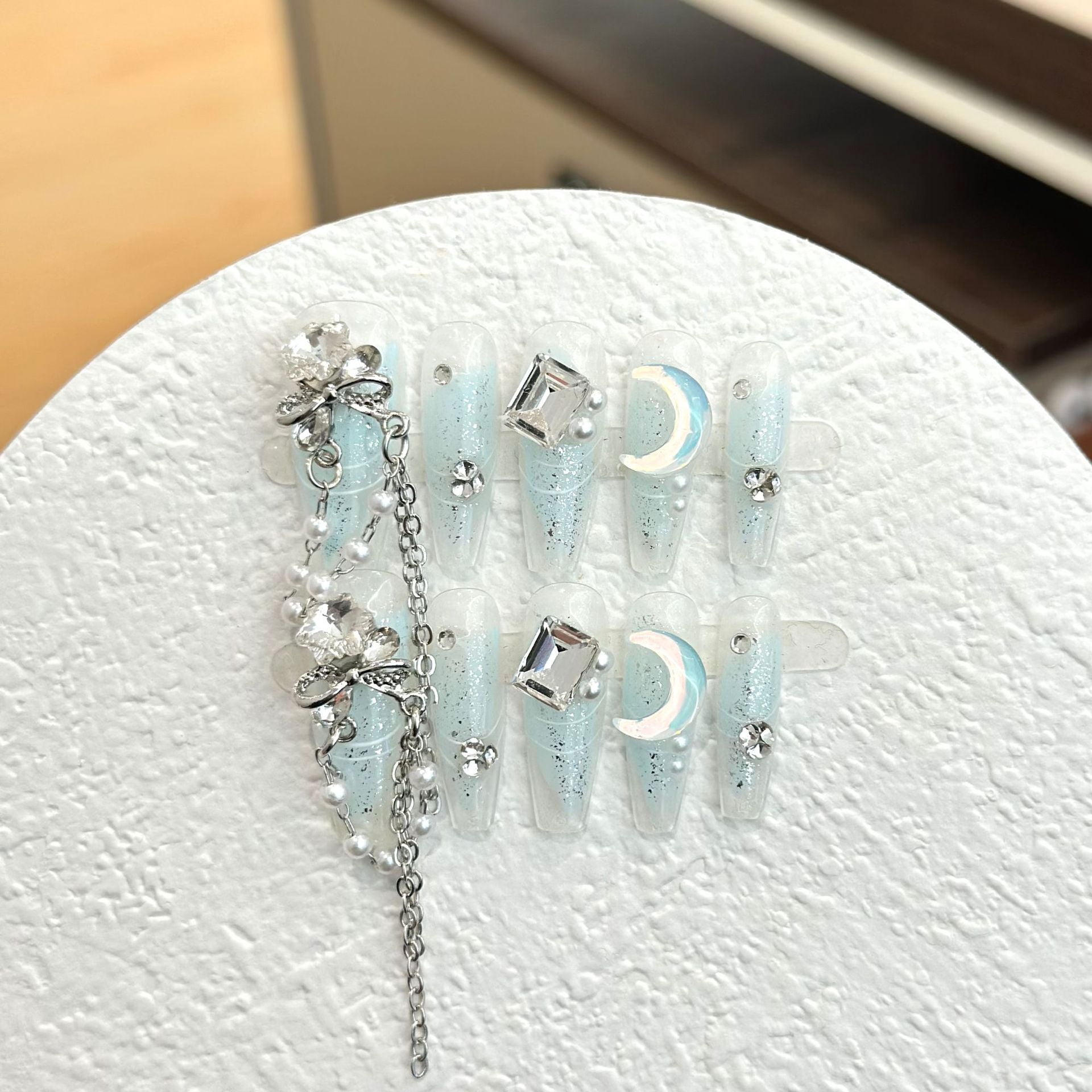 Premium summer handmade wear nail piece blue smudge long nail patch bow pearl big diamond moon
