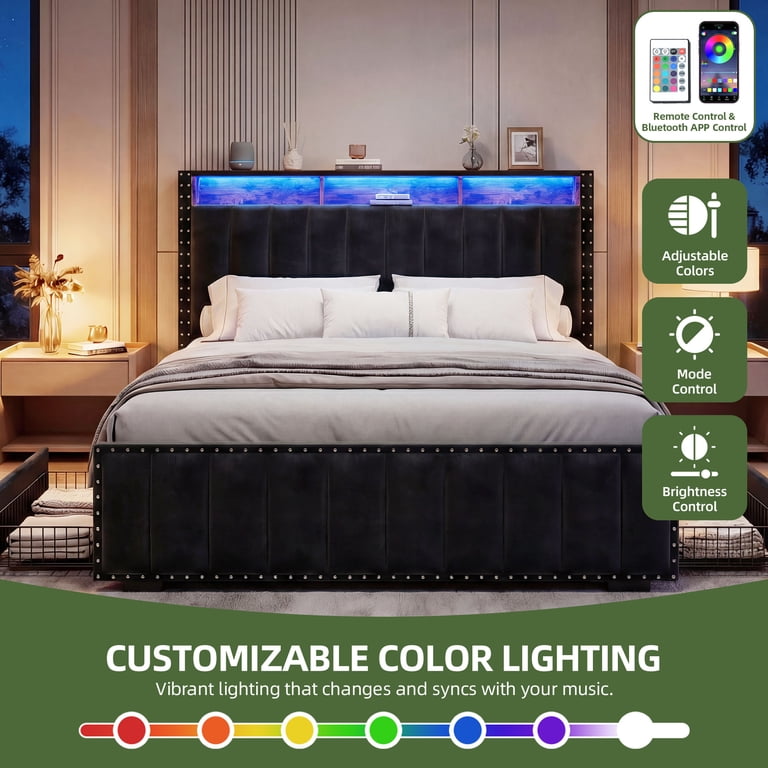Uforic Queen Bed Frame with LED Lights and Storage Drawers photo 5