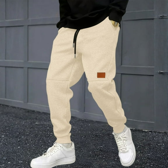 Homozy Mens Sweatpants with Pockets Drawstring Cargo Pants Hiking Outdoor Jogging Sweatpants Pants Pocket and Drawstring Trousers Beige L