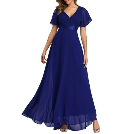 Casual Dresses For Women  Cocktail Wedding Guest V Neck Short Sleeves Tea Length Chiffon Formal Party Dress Tennis Women With Shorts Dress Shoes Low Heel Elegant Dresses (M  Blue) ZMTing
