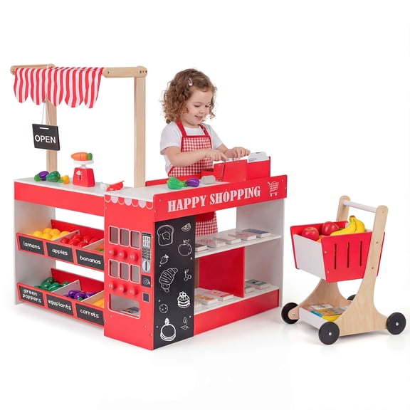 Infans Kids Grocery Store Playset Wooden Pretend Play Supermarket w/ Shopping Cart
