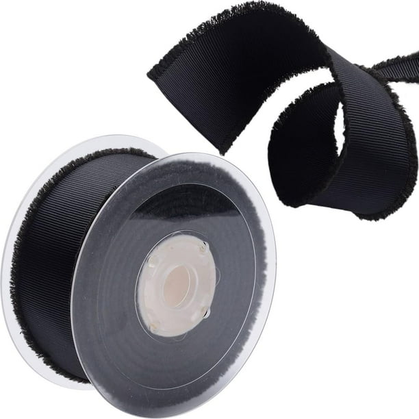 Cinta de 50 yardas de 5/8 pulgadas con borde de flecos, tela de poliéster grogrén negra, cintas de borlas deshilachadas sólidas, a granel con carrete