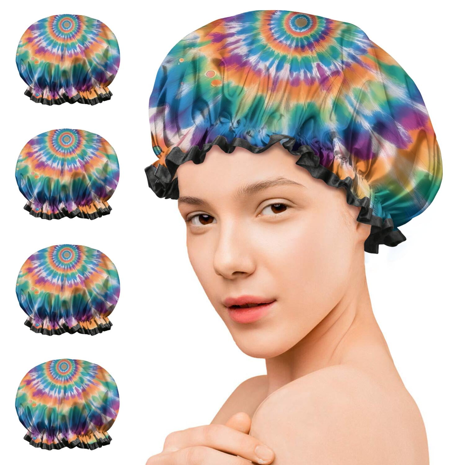 Shower Caps,Rainbow Tie Dye Mandala Pattern Waterproof Shower Cap for Women 4 Pieces,Double Reusable Hair Cover for Shower PEVA Elastic Stretch Hem