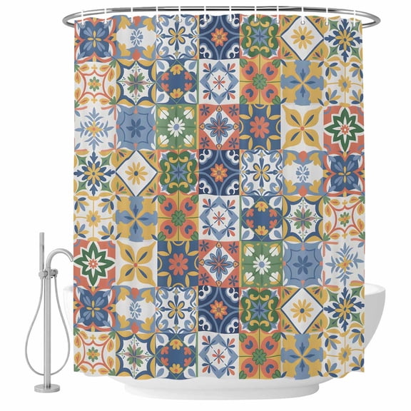 Vintage Mediterranean Shower Curtain Set - 48" x 72" Washable Bathtub Curtain with 12 Hooks, Blue and Yellow Tiles Texture Waterproof Fabric Stall Shower Curtains for Bathroom/Bathtub Décor