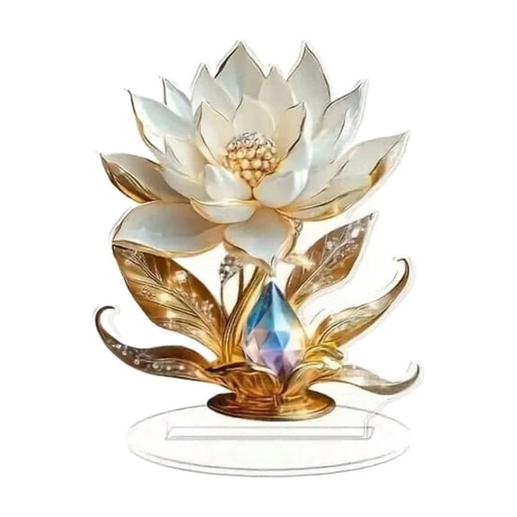 7.8in 2D Acrylic Lotus Flower Ornament | Gold & Crystal Decorative Stand | Home/Workspace Tabletop Display Decoration