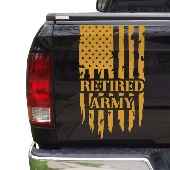 Retired Army Vietnam Veteran Distressed American USA US Flag Truck Tailgate Vinyl Decal Compatible with most Pickup Trucks U.S. Sticker USMC USAF US Navy Decal (11" x 20", Imitation Gold)