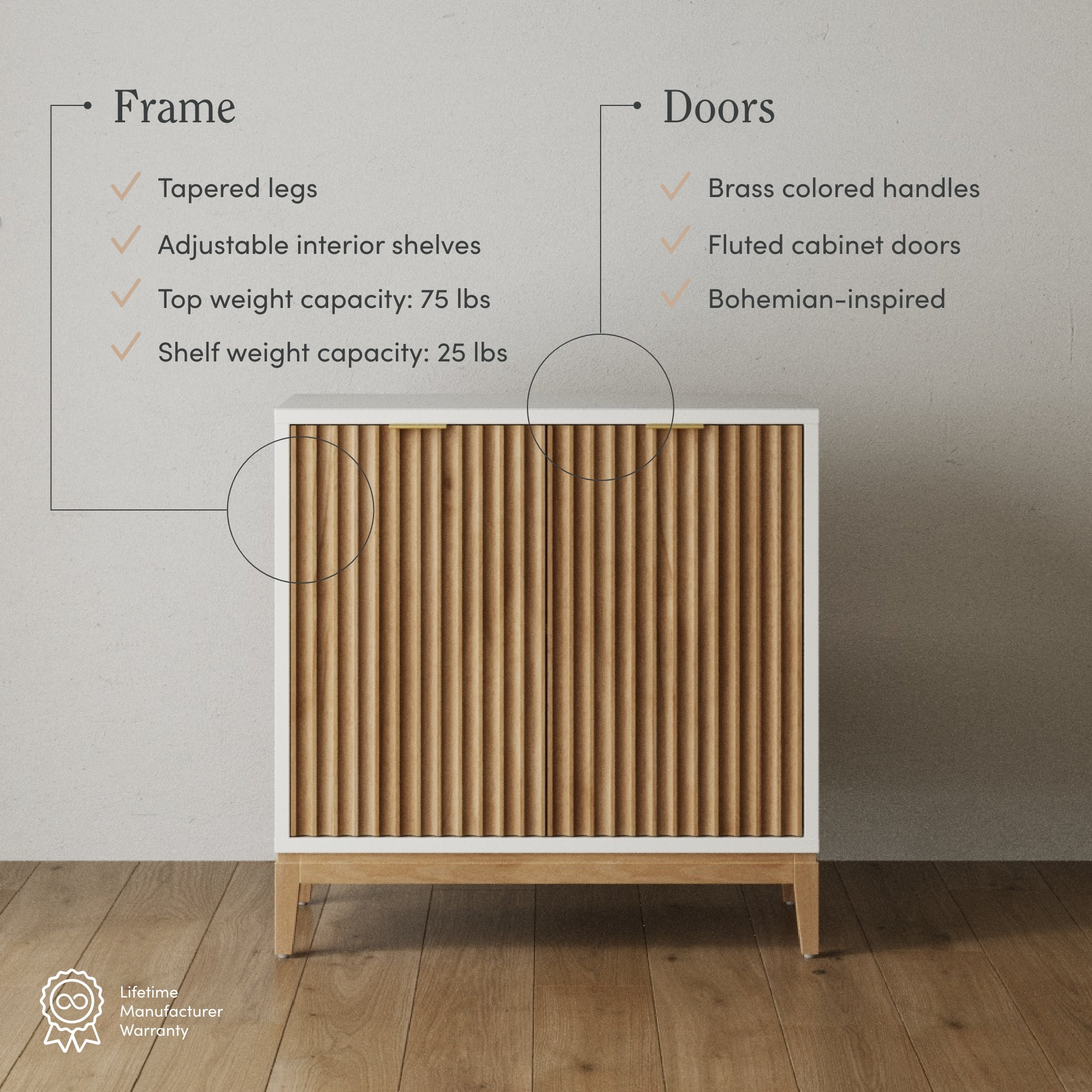 Nathan James Jasper Modern Sideboard, Kitchen Storage Cabinet with Fluted Doors, Accent Storage for Kitchen or Living Room, White/Warm Pine