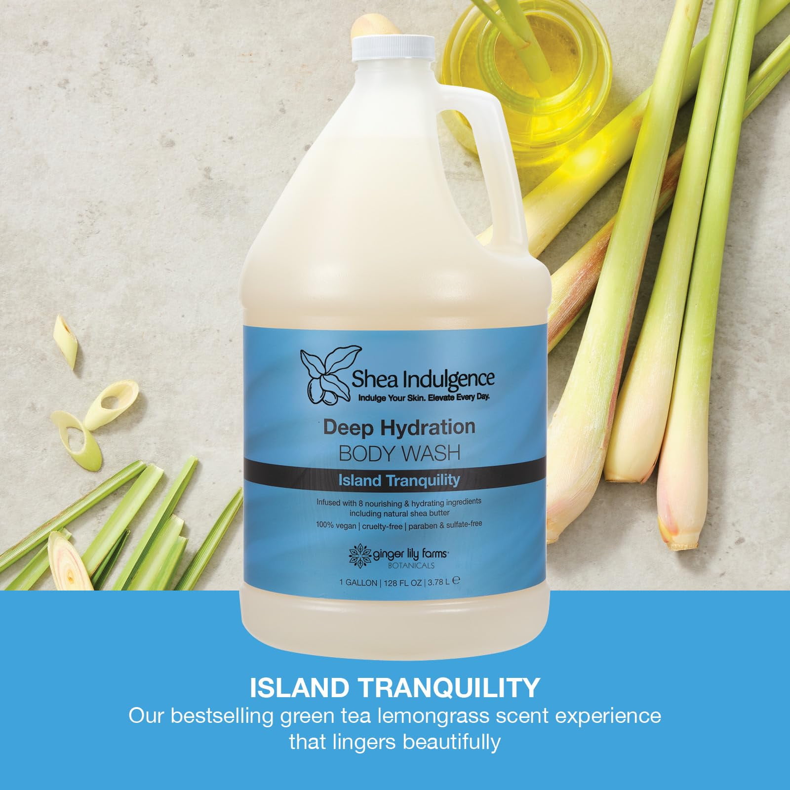 Ginger Lily Farms Botanicals Shea Indulgence Deep Hydration Body Wash, Island Tranquility, 100% Vegan & Cruelty-Free, Green Tea & Lemongrass Scent, 1 Gallon (128 fl oz) Refill