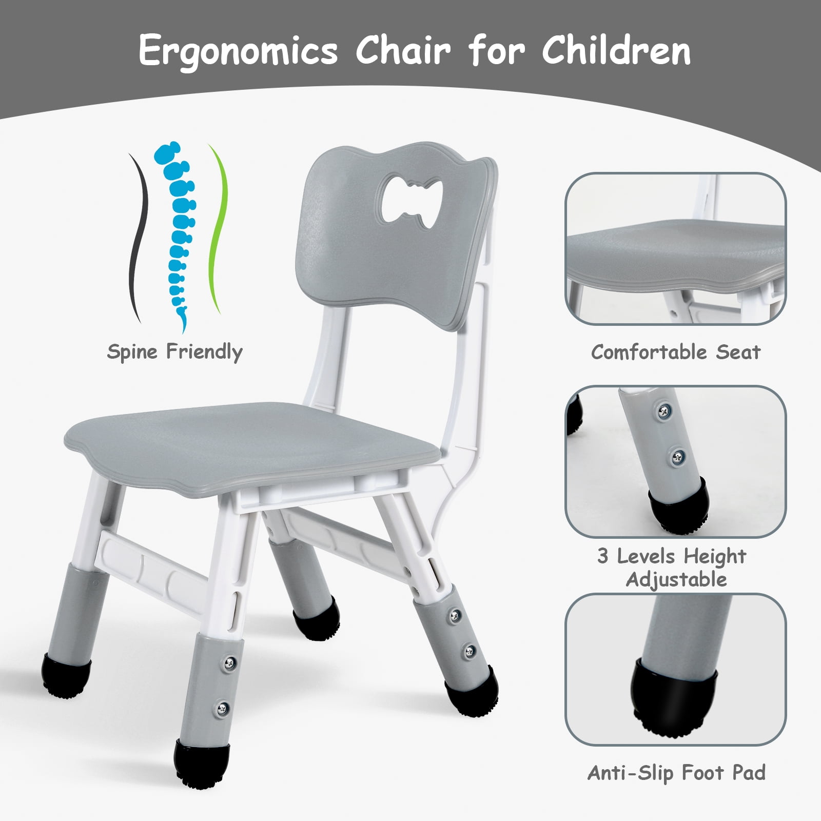 Pirecart 5-Piece Kids Table & Chairs Set Toddlers Activity Table Set Height Adjustable Play Table and Chair Set for Reading, Drawing, Eating, Gray
