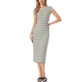 thumbnail image 2 of INSPIRE CHIC Striped Dress for Women Crew Neck Cap Sleeve Bodycon Knit Midi Dresses S Apricot Black, 2 of 6
