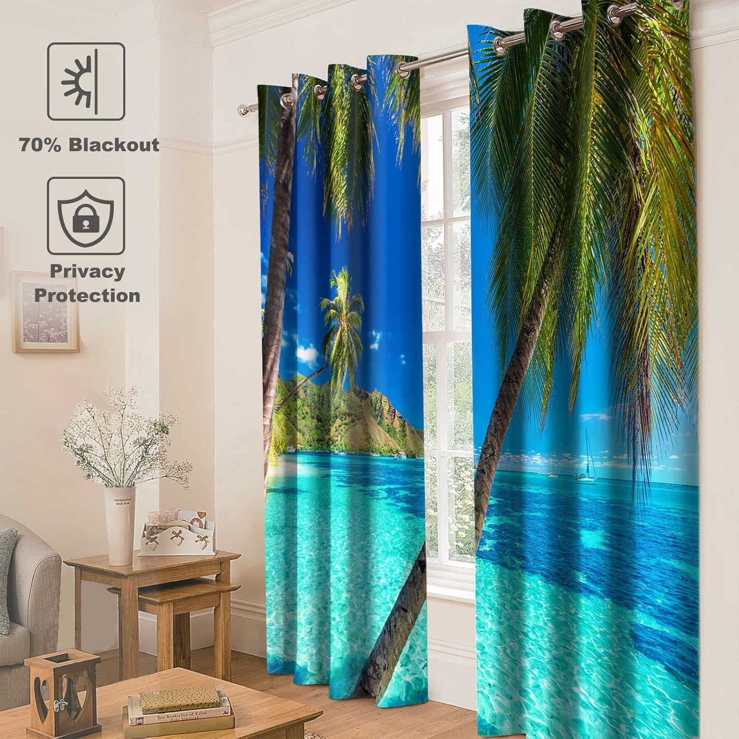Ocean Palm Tree Blackout Curtains Tropical Beach Theme Clear Sea Island View Seaside Scenery Print Grommet Window Drapes Decor for Bedroom Living Room Blue 2 Panel Set, 52"x84"
