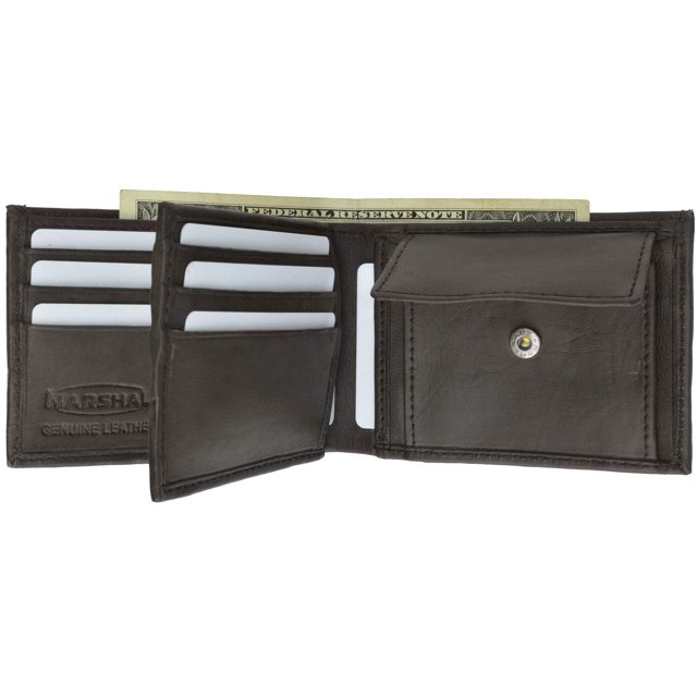 Mens Soft Leather Bifold Card Holder Wallet W/Outside Double ID Windows & Coin Pouch 1659