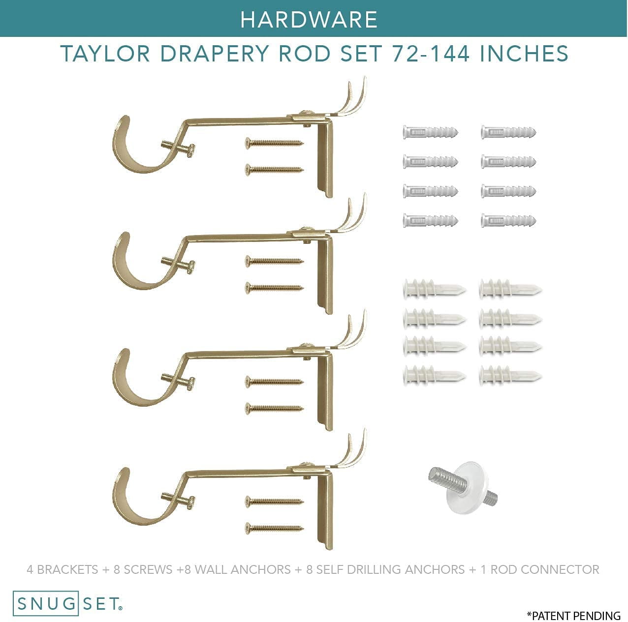SnugSet 1" Golden Brass Taylor Knob Adjustable Single Curtain Rod, 72"-144"