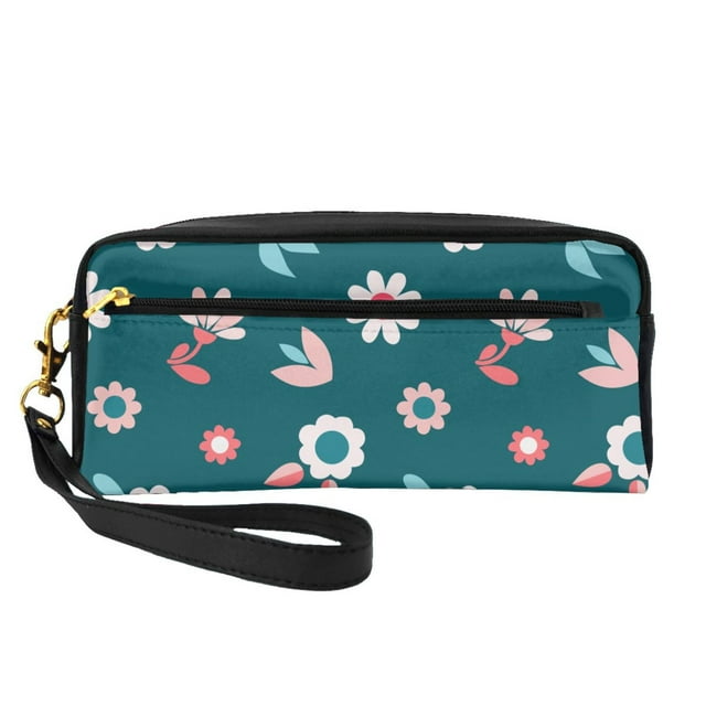 Leather Portable Travel Small Makeup Bag, Multifunctional Storage Bag, Green Spring Flowers pattern Pencil Case