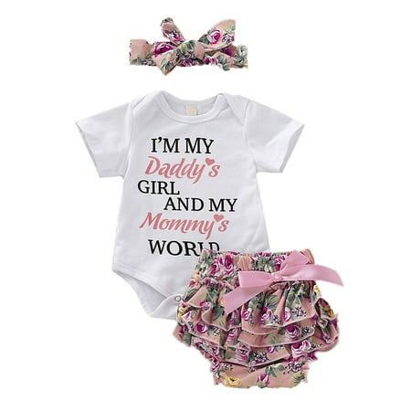 

DNDKILG Infant Baby Toddler Girls Bodysuit and Ruffle Shorts Set Short Sleeve Outfit Summer Letter Print Clothing Set with Headband White 0-24M 90