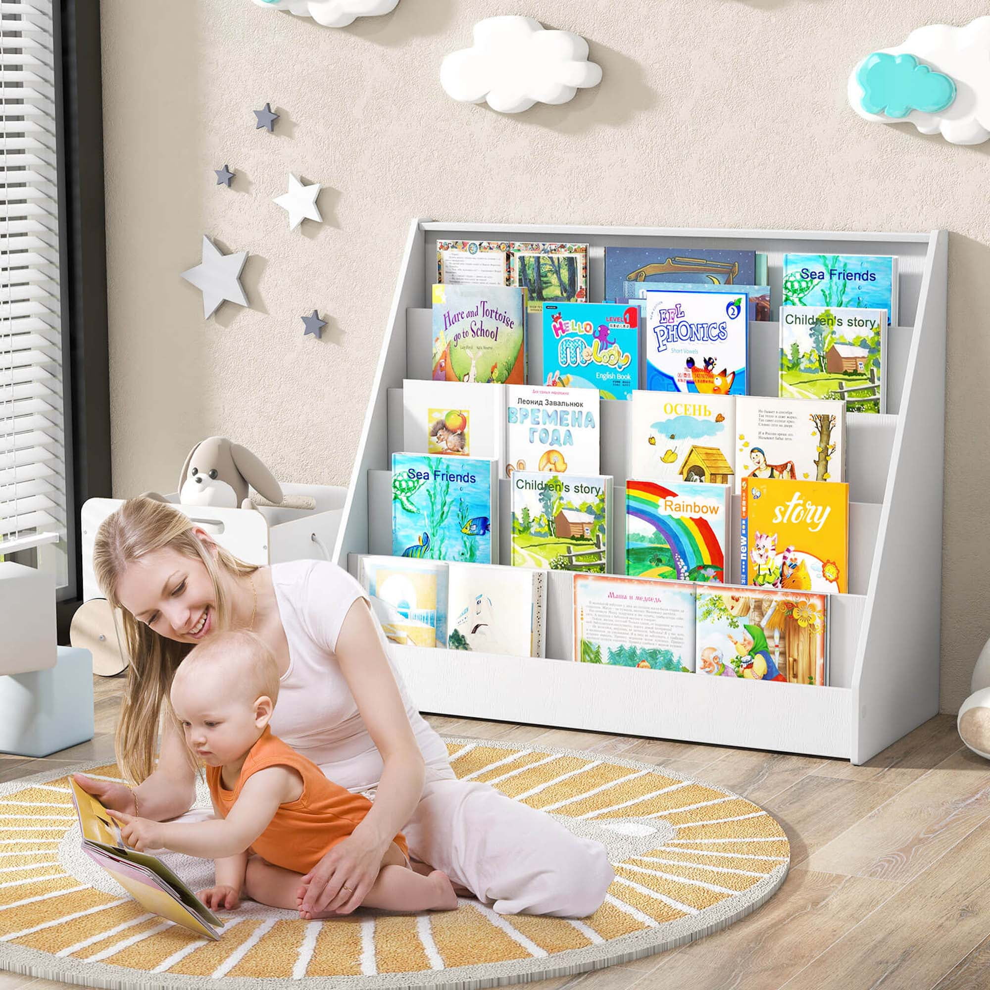 Costway 5 Tier Kids Bookshelf with Anti-Tipping Device Kids-friendly Height for Bedroom White
