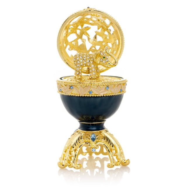 Keren Kopal Blue Russian Egg with Crystals Elephant Inside Trinket Box