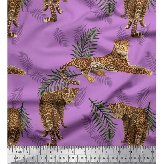 Soimoi Polyester Crepe Fabric Leaves & Leopard Animal Fabric Prints by Yard 42 Inch Wide