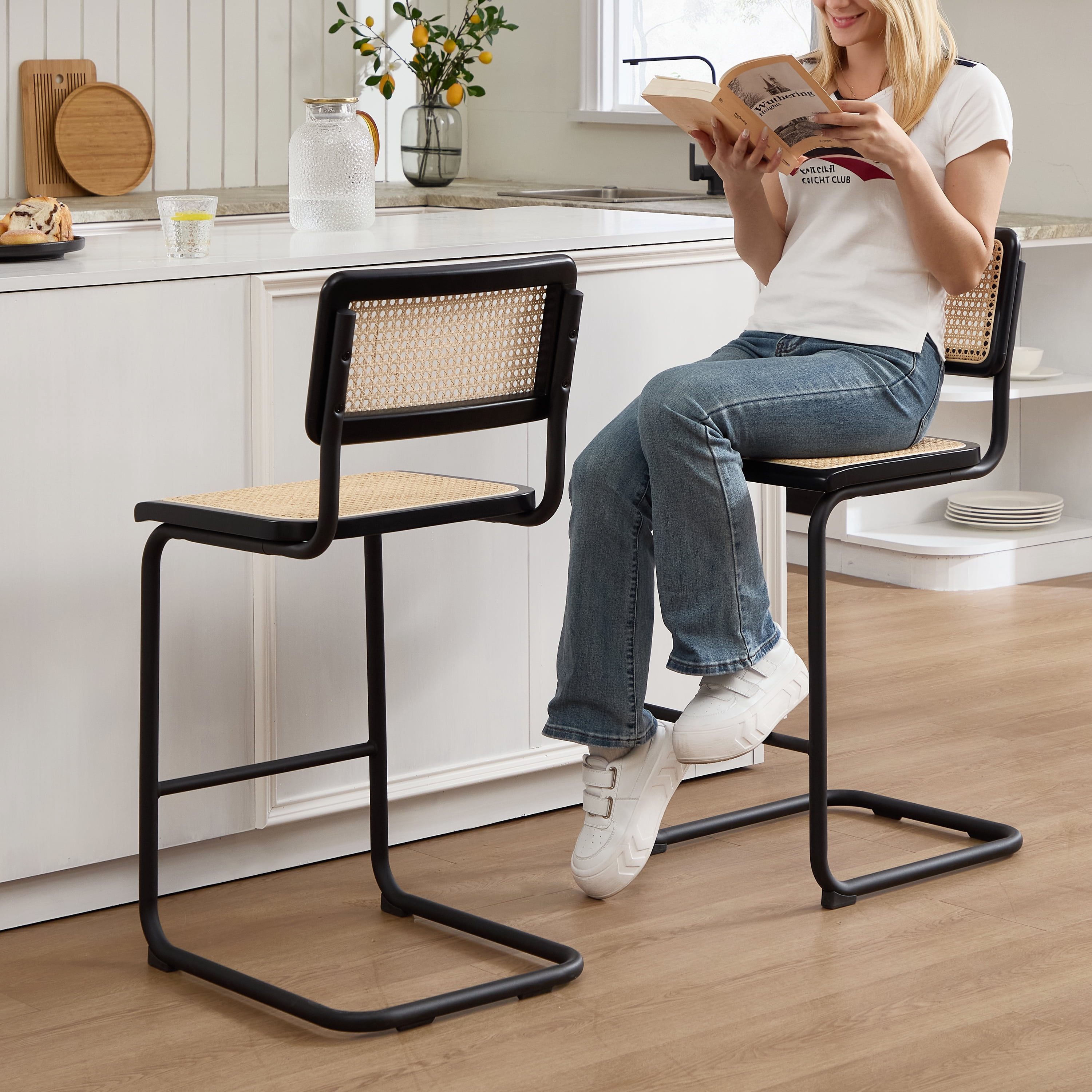 Zesthouse Rattan Counter Height Bar Stools Set of 2, 24.8" Counter Height Chairs with Cane Back, Mid Century Modern Barstools for Kitchen Island, Black