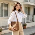 thumbnail image 4 of Woven Tote Bag Leather Bucket Bags for Women Summer Hobo Handbag Beach Vacation Purse Vintage Shoulder Bag for Travel, 4 of 7