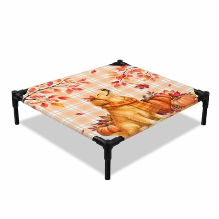Golden Retriever Elevated Dog Bed Fall Dog Orange Pumpkins Maple Leaf Apricot Plaid Cooling Breathable Outdoor Raised Dog Cot Bed with Metal Frame Non-Slip Feet for Small Dog 20x20in