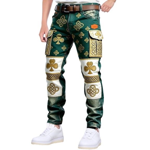 CONZONE St. Patrick's Day Mens Baggy Cargo Shorts Green Clover Graphic Buttons Cargo Pants for Men Lightweight Relaxed Fit Streetwear Workout Trousers With Pockets