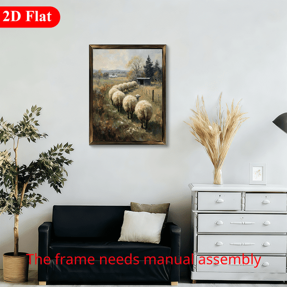 Rustic Farmhouse 12x16 Inch Framed Wood Wall Art, Sheep Herd Grazing in Pastoral Countryside Landscape 1pc for Living Room Bedroom Decor