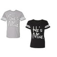 thumbnail image 1 of He She Is Mine Unisex Couple Matching Cotton Jersey style T-Shirt Contrasting stripes on sleeves (Men Heather / Women Black) (Men S / Women S), 1 of 3