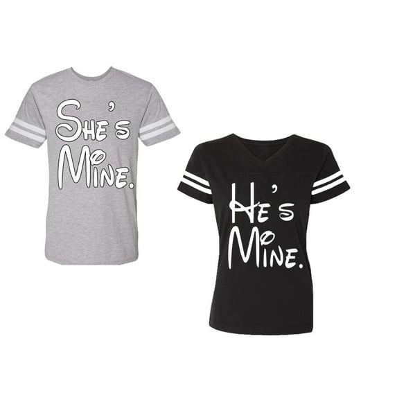 He She Is Mine Unisex Couple Matching Cotton Jersey style T-Shirt Contrasting stripes on sleeves (Men Heather / Women Black) (Men S / Women S)