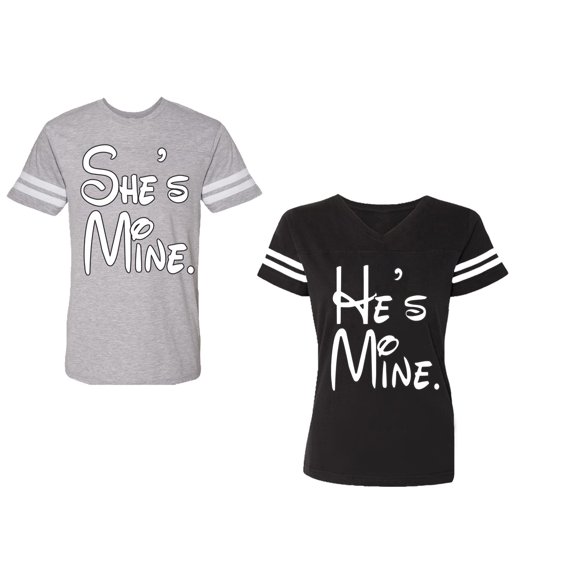 He She Is Mine Unisex Couple Matching Cotton Jersey style T-Shirt Contrasting stripes on sleeves (Men Heather / Women Black) (Men S / Women S)