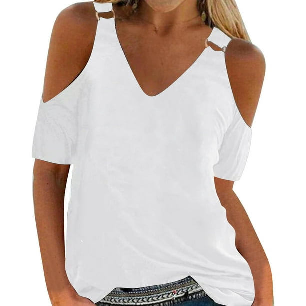 Gibobby Blusas De Mujer Camisa informal de verano para mujer, blusa con cuello en V y hombros descubiertos, camiseta de manga corta de Color sólido(Blanco, XL)