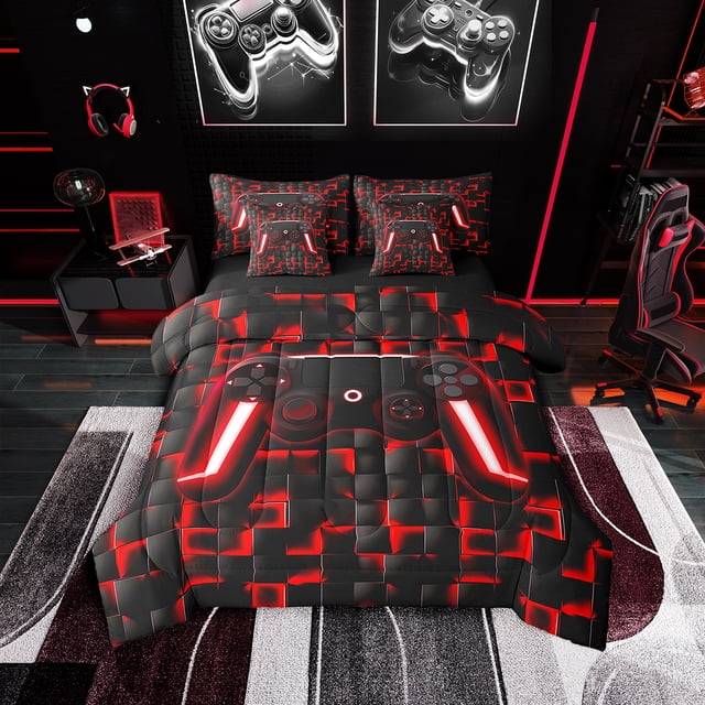 YST Game Theme 7-Piece Bed Set for Kids Boys, Red Futuristic Cubes, Gamer Room Decor Bedding Full, Reversible