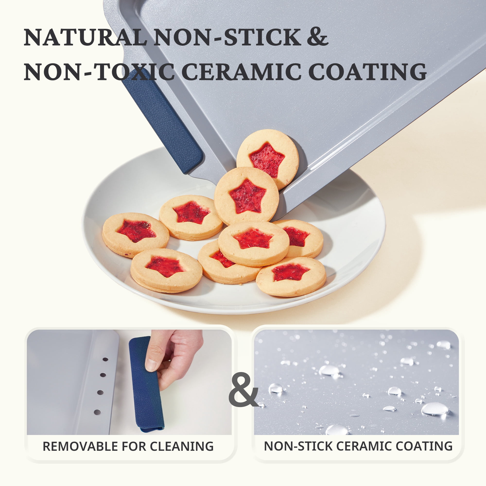HONGBAKE Non Toxic Ceramic Cookie Sheets for Baking, 3-piece Non Stick Baking Sheet Pans for Oven, Heavy Duty Aluminized Steel Baking Pans Set with Silicone Handles -Navy