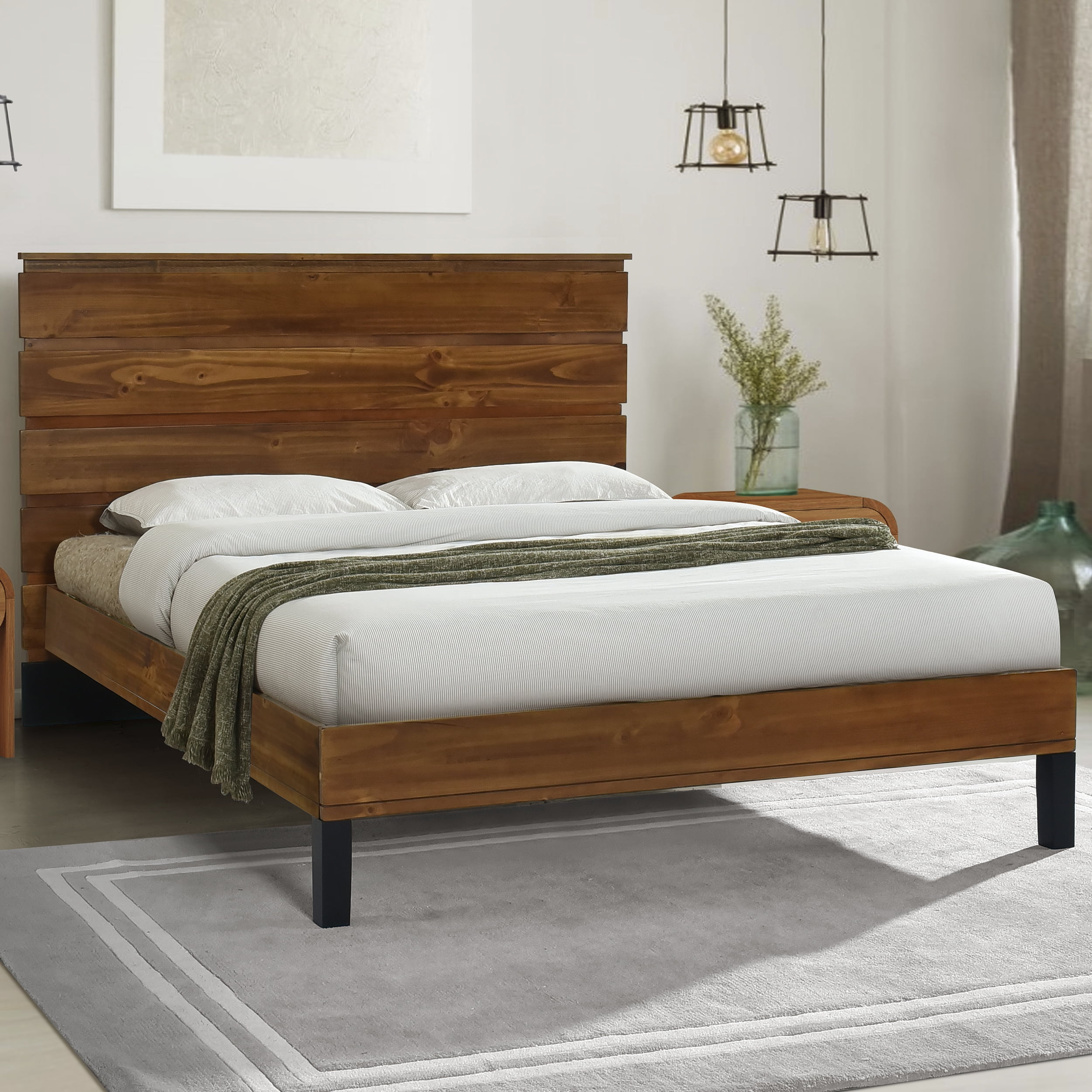 Euroco Wood Bed Queen Platform Bed with Six-Piece Headboard Design for Kids Adults,Brown