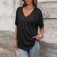 thumbnail image 5 of Kinrui Womens Short Sleeve Hooded T-Shirts Casual V Neck Loose Fit Lightweight Solid Color Pullover Top Black M, 5 of 8