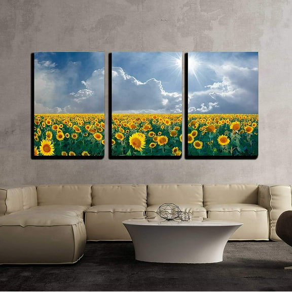 wall26 Canvas Print Wall Art Set Sunflower Field Under Cloudy Sunny Sky Nature Wilderness Photography Realism Chic Scenic Relax/Calm Multicolor for Living Room, Bedroom, Office - 24"x36"x3