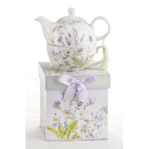 Delton 5.8" Porcelain Tea For One, Lavender Rose, White