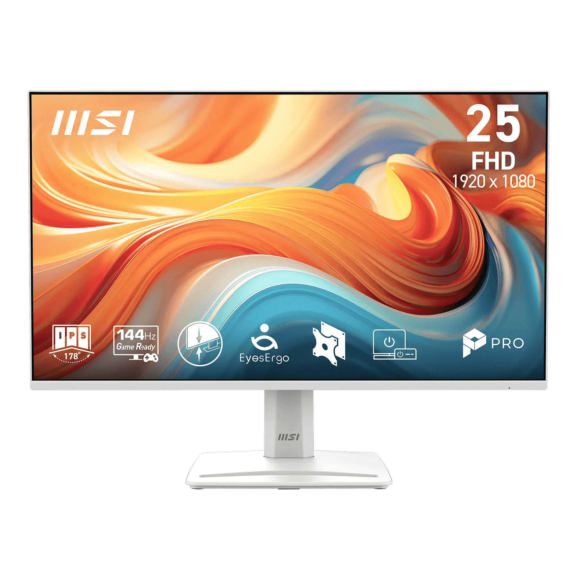 MSI PRO MP251W E14A 24.5" FHD (1920 x 1080) Flat EyesErgo Monitor, White, 144Hz, 16:9, IPS, Eye-Q Check, 1ms (MPRT), 300 nits, HDR Ready, Two Built-in Speakers