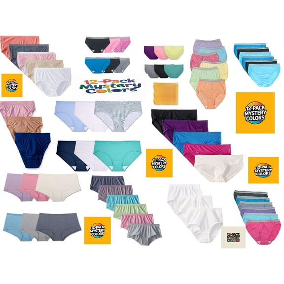 Ladies Womens 12-Pack Assorted Panties by Fruit of the Loom Comfortable Mystery Pack Type, Colors, and Materials Vary