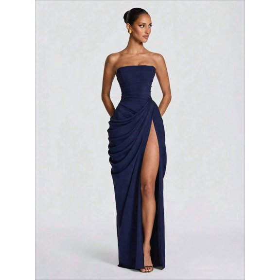 Dark Blue Strapless Maxi Dress With High Slit And Ruched Detail