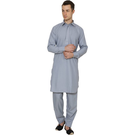 Royal Kurta Mens Cotton Blend Pathani Set Grey