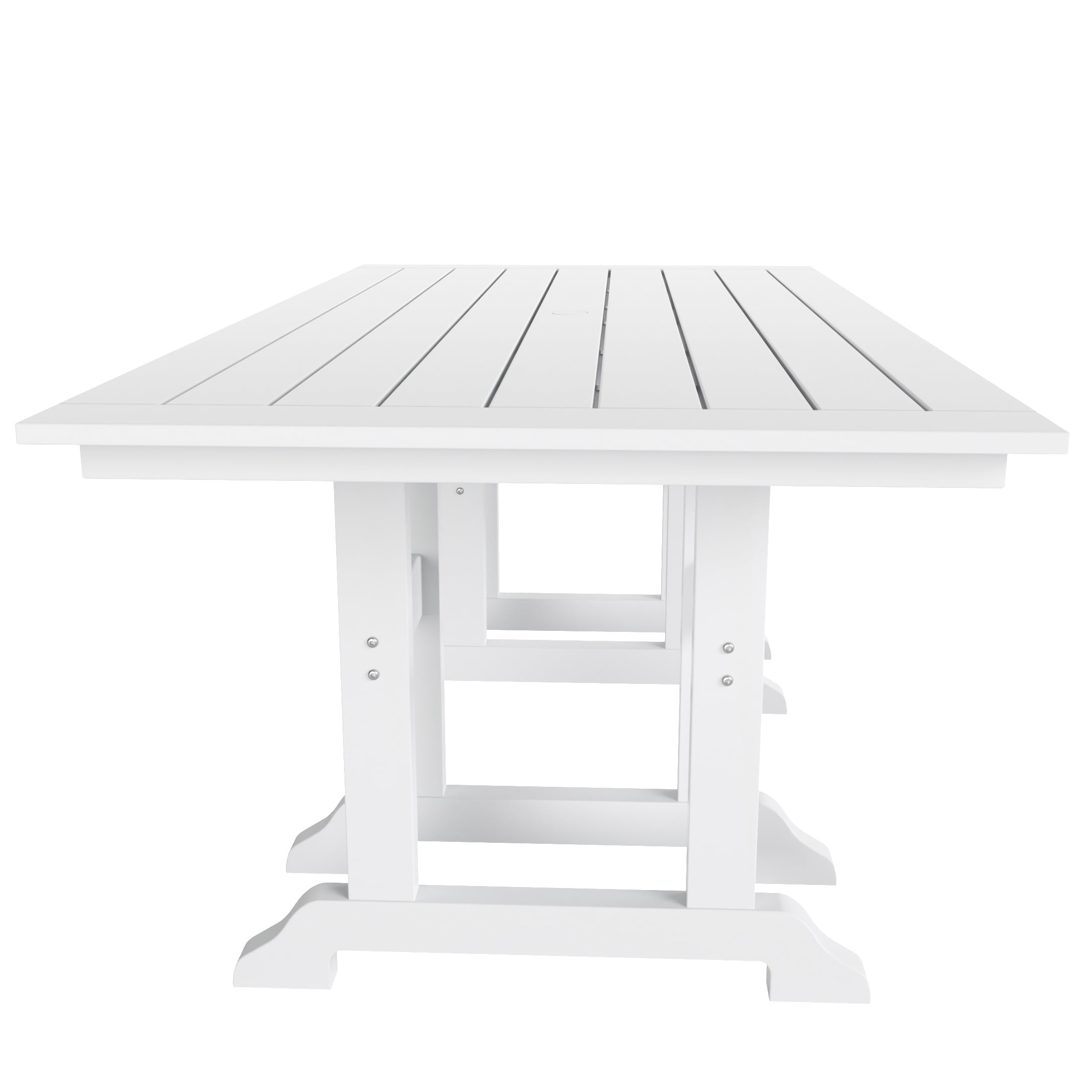 WestinTrends Malibu 7 Piece Adirondack Outdoor Dining Set, All Weather Poly Lumber Patio Table and Chairs Furniture Set, 71" Trestle Dining Table and 6 Adirondack Dining Chair, White