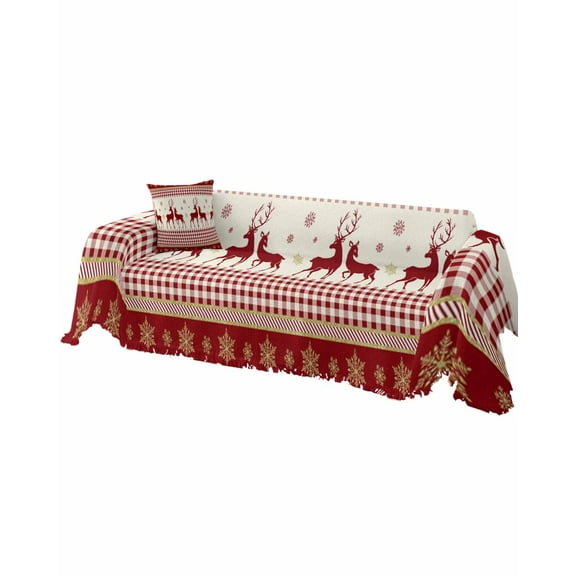 Red Christmas Sofa Covers for 3 Cushion, Washable Couch Cover for Sectional Sofa Slipcovers with Tassel, Xmas Elk Snowflake Red Plaid Loveseat Covers Futon Cover Blanket 71''x118''