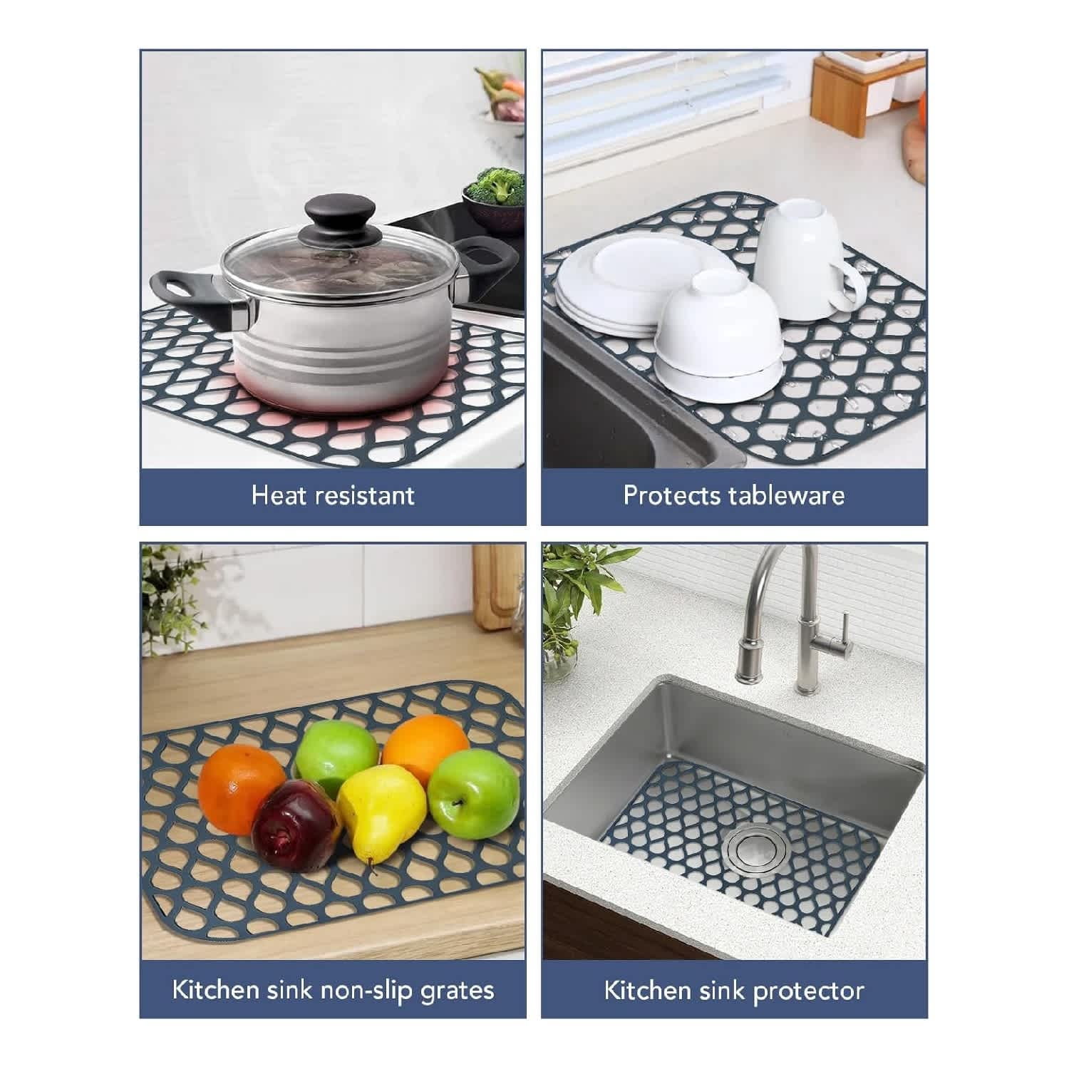 EastVita 14 x 12in Non-Slip Heat Resistant Silicone Sink Protector Mat for Stainless Steel Folding Farmhouse Rear Drain Sink Mats Grey